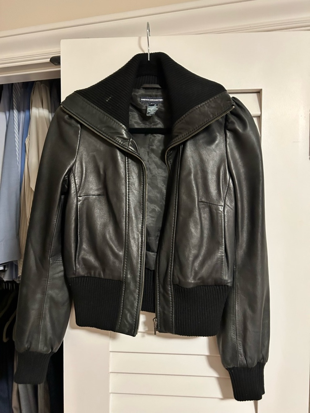 French Connection Black Leather Bomber Jacket with Ribbed Trim